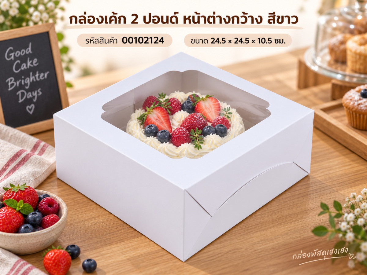 กล่องเค้ก 2 ปอนด์ หน้าต่างกว้าง สีขาว 24.5x24.5x10.5 ซม.
