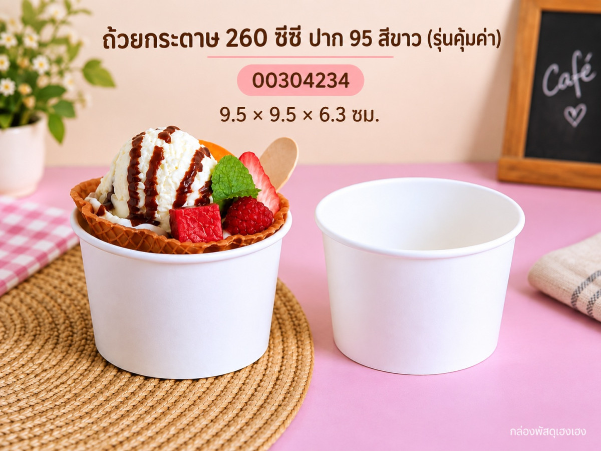 ถ้วยกระดาษ 260 cc. ปาก 95 ขาว (รุ่นคุ้มค่า) 9.5x9.5x6.3 ซม.