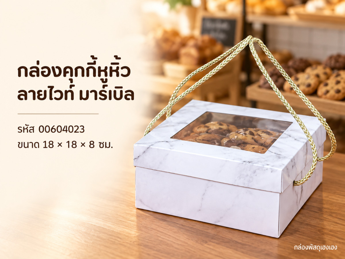 กล่องคุกกี้หูหิ้ว ลายไวท์ มาร์เบิล 18x18x8 ซม.