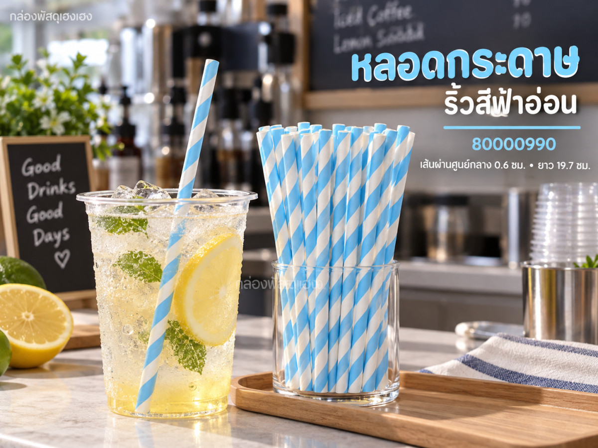หลอดกระดาษ Food Grade - ริ้วสีฟ้าอ่อน
