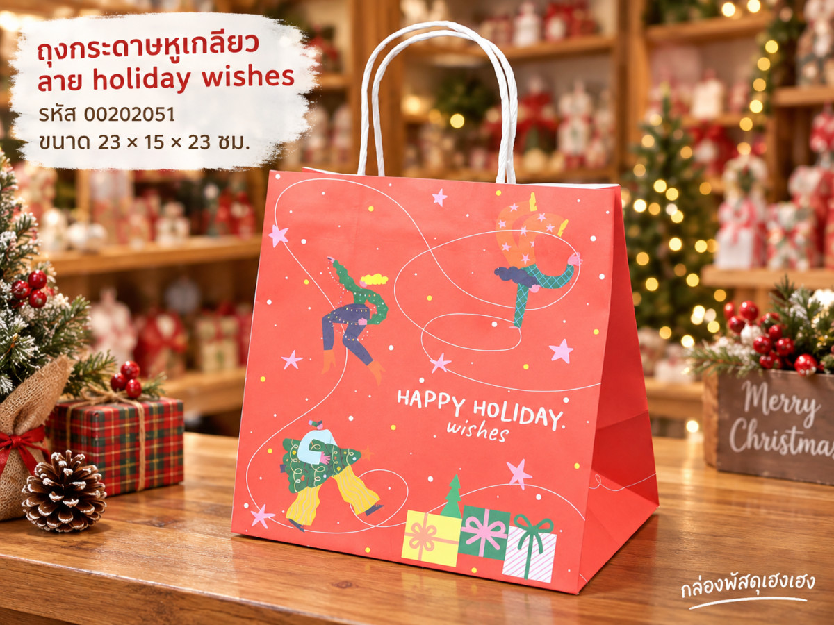 ถุงกระดาษหูเกลียว พิมพ์ลาย holiday wishes 23x15x23 ซม.