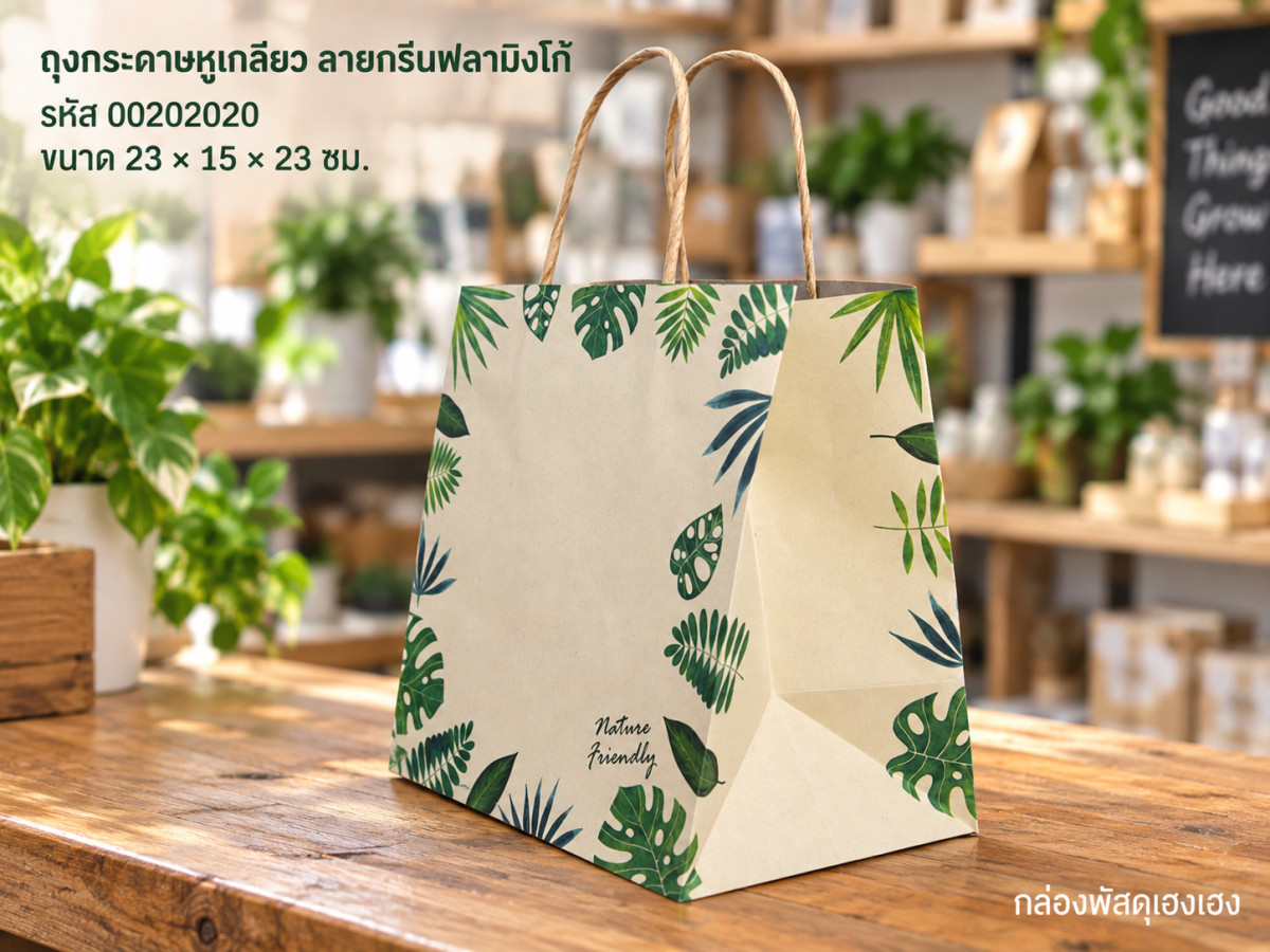 ถุงกระดาษหูเกลียว พิมพ์ลาย กรีนฟลามิงโก้ 23x15x23 ซม.