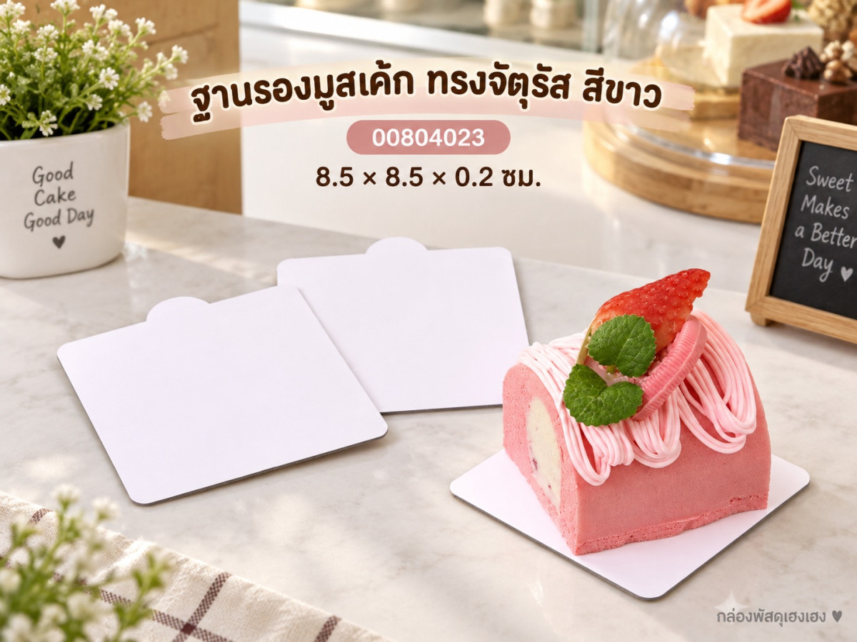 ฐานรองมูสเค้ก ทรงจัตุรัส สีขาว 8.5x8.5x0.2 ซม.
