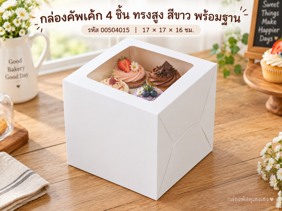 กล่องคัพเค้ก 4 ชิ้น ทรงสูง สีขาว พร้อมฐาน 17x17x16 ซม.