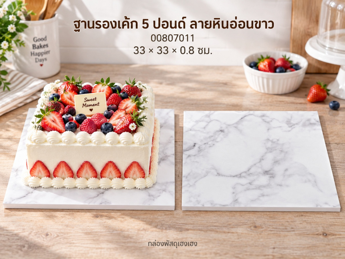 ฐานรองเค้ก 5 ปอนด์ แบบหนา ลายหินอ่อนขาว 33x33x0.8 ซม.