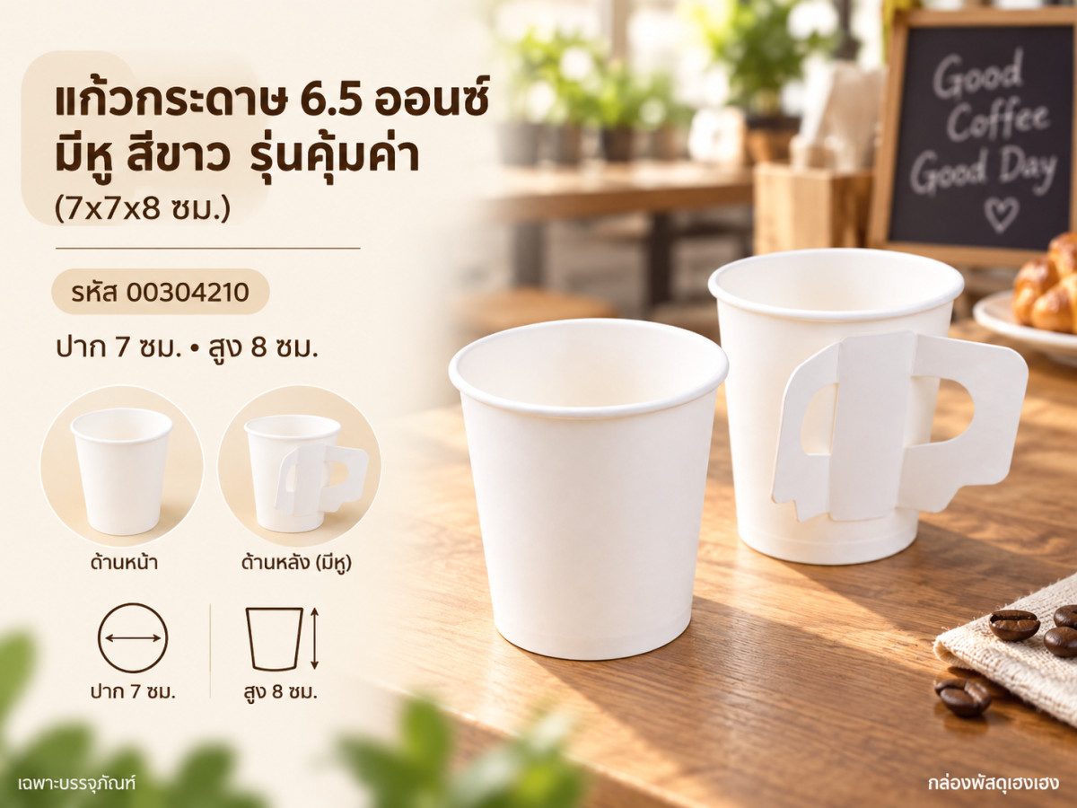 แก้วกระดาษ 6.5 ออนซ์ มีหู สีขาว รุ่นคุ้มค่า (7x7x8 ซม.)
