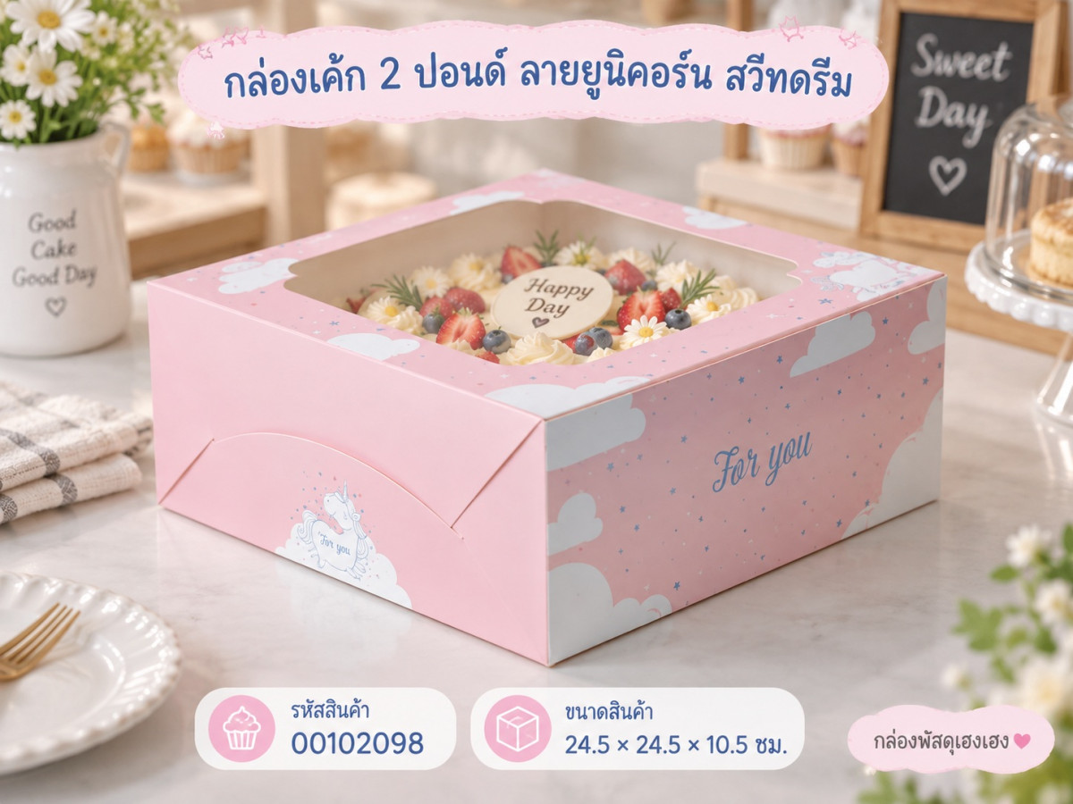 กล่องเค้ก 2 ปอนด์ ลายยูนิคอร์น สวีทดรีม 24.5x24.5x10.5 ซม.