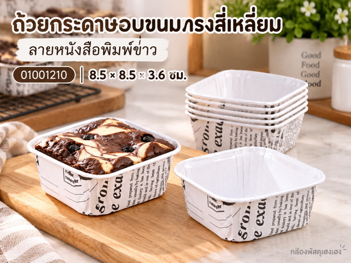 ถ้วยกระดาษอบขนมทรงสี่เหลี่ยม ลายหนังสือพิมพ์ขาว 8.5x8.5x3.6 ซม.