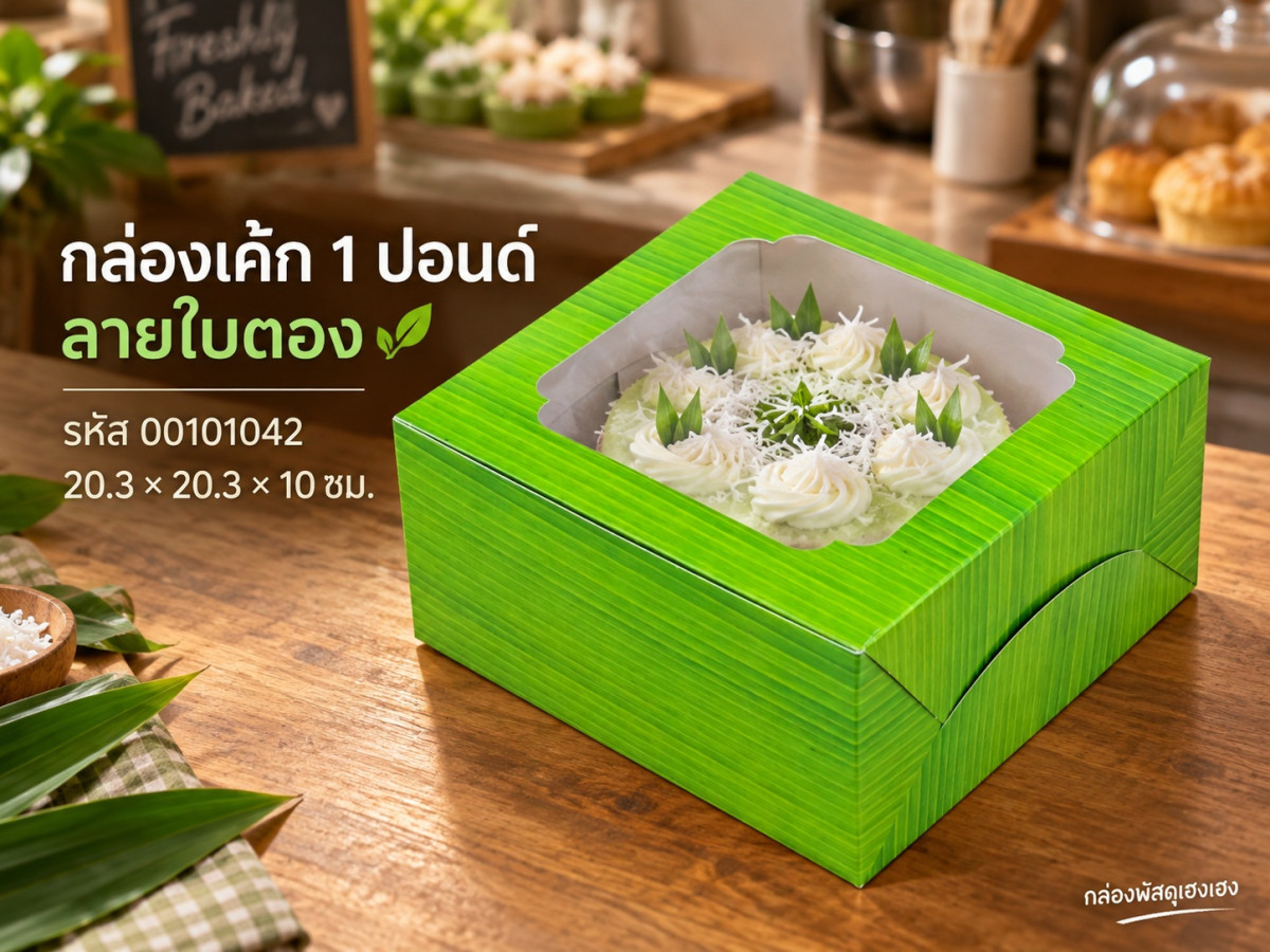 กล่องเค้ก 1 ปอนด์ ลายใบตอง 20.3x20.3x10 ซม.