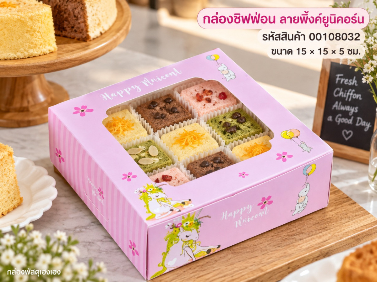 กล่องชิฟฟ่อน ลายพิ้งค์ยูนิคอร์น 15x15x5 ซม.