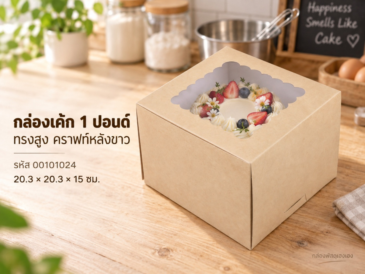 กล่องเค้ก 1 ปอนด์ ทรงสูง คราฟท์หลังขาว 20.3x20.3x15 ซม.
