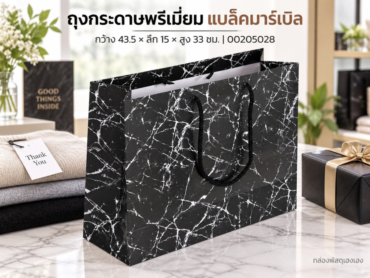 ถุงกระดาษพรีเมี่ยม แบล็คมาร์เบิล 43.5x15x33 ซม.