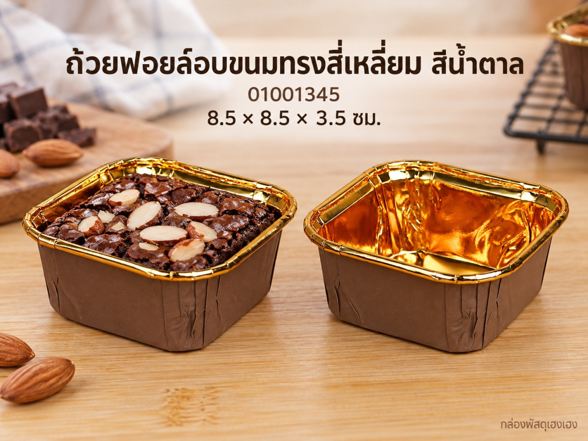 ถ้วยฟอยล์อบขนมทรงสี่เหลี่ยม สีน้ำตาล 8.5x8.5x3.5 ซม.