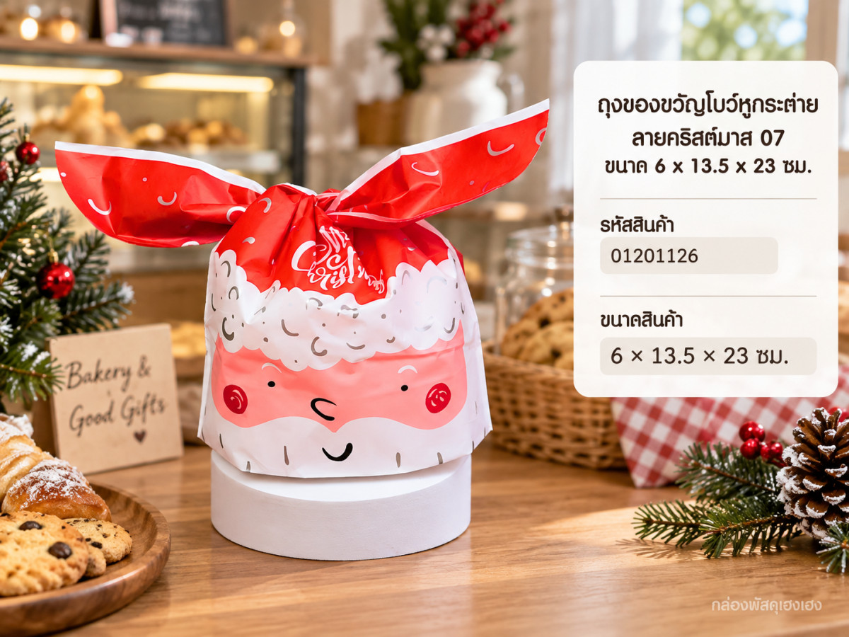 ถุงของขวัญโบว์หูกระต่าย ลายคริสต์มาส 07 ขนาด 6 x 13.5 x 23 ซม.