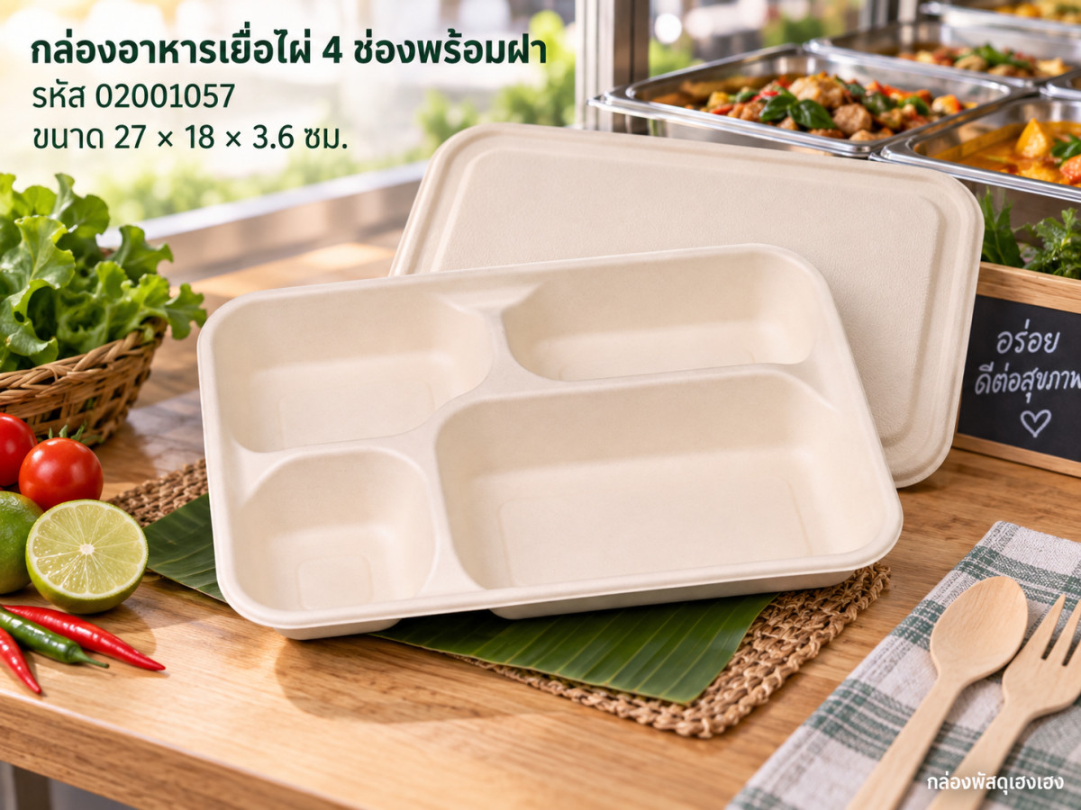 กล่องอาหารเยื่อไผ่ 4 ช่อง พร้อมฝา (27x18x3.6 ซม.)