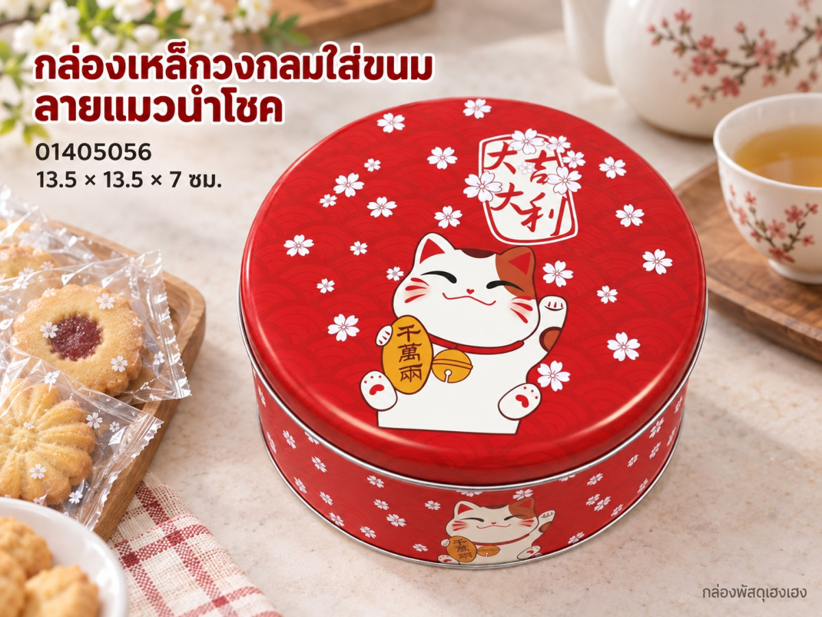 กล่องเหล็กวงกลมใส่ขนม ลายแมวนำโชค 13.5x13.5x7 ซม.