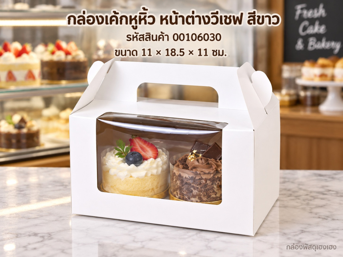 กล่องเค้กหูหิ้ว หน้าต่างวีเชฟ สีขาว 11x18.5x11 ซม.