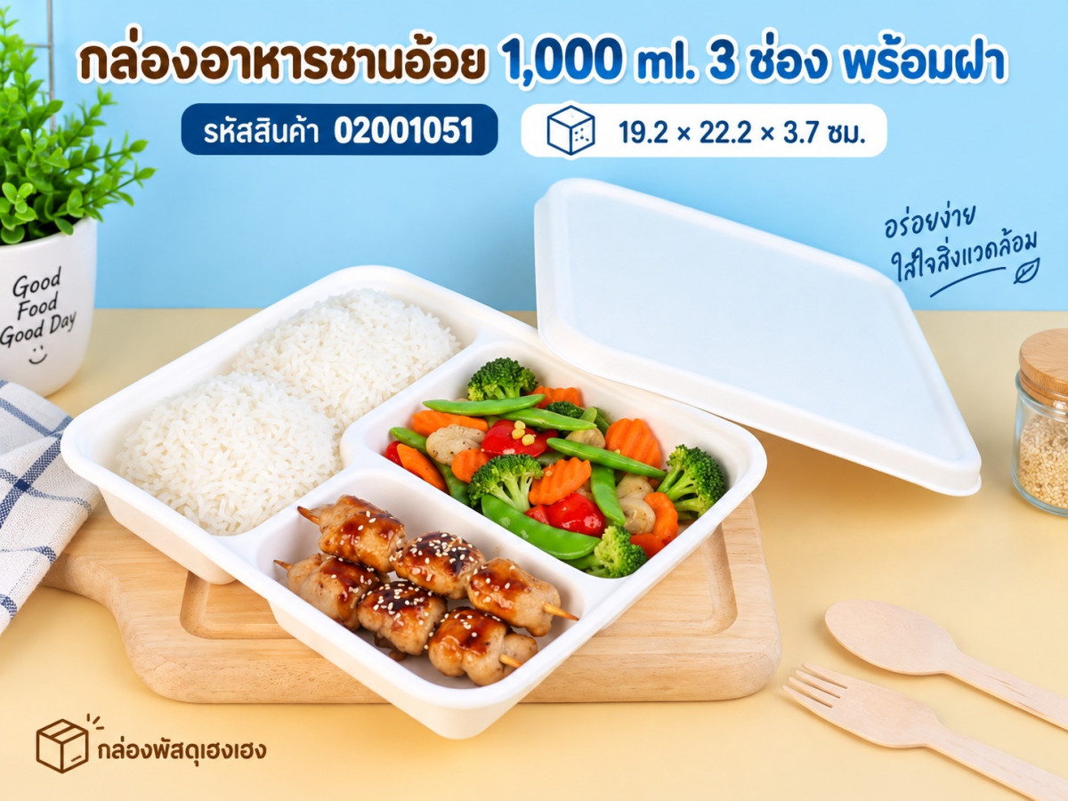 กล่องอาหารชานอ้อย 1,000 ml. 3 ช่อง พร้อมฝา 19.2x22.2x3.7 ซม.