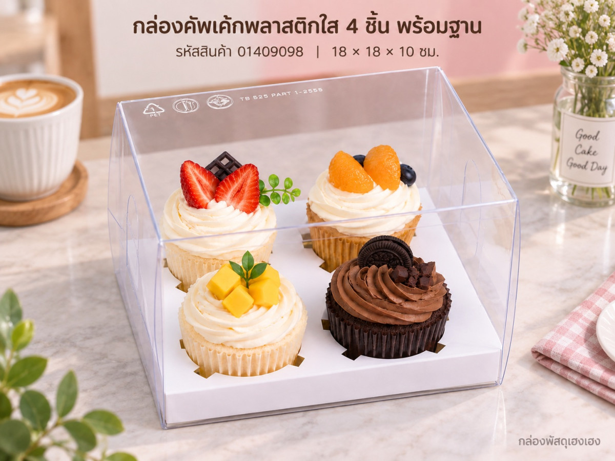 กล่องคัพเค้กพลาสติกใส 4 ชิ้น พร้อมฐาน 18x18x10 ซม.