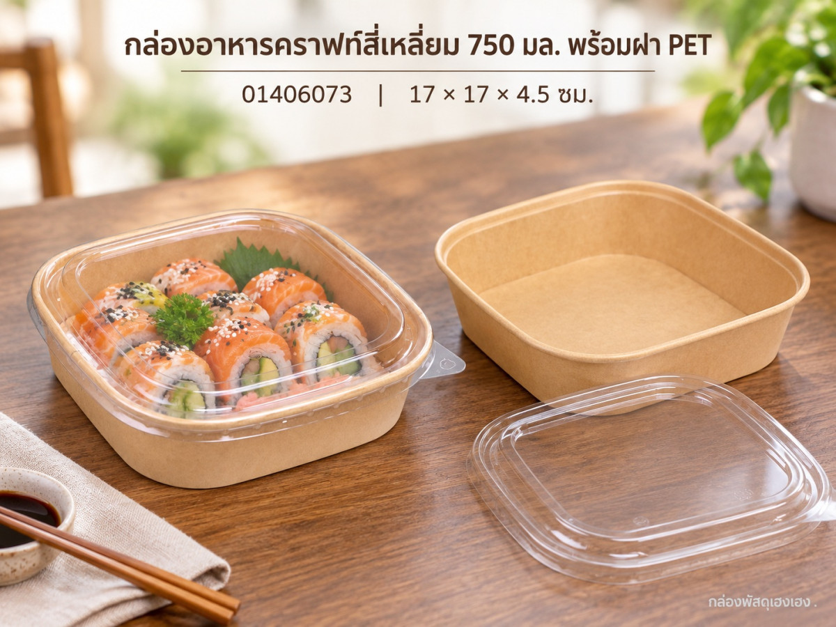 กล่องอาหารกระดาษคราฟท์ ทรงสี่เหลี่ยม 750 ml พร้อมฝา PET 17x17x4.5 ซม.