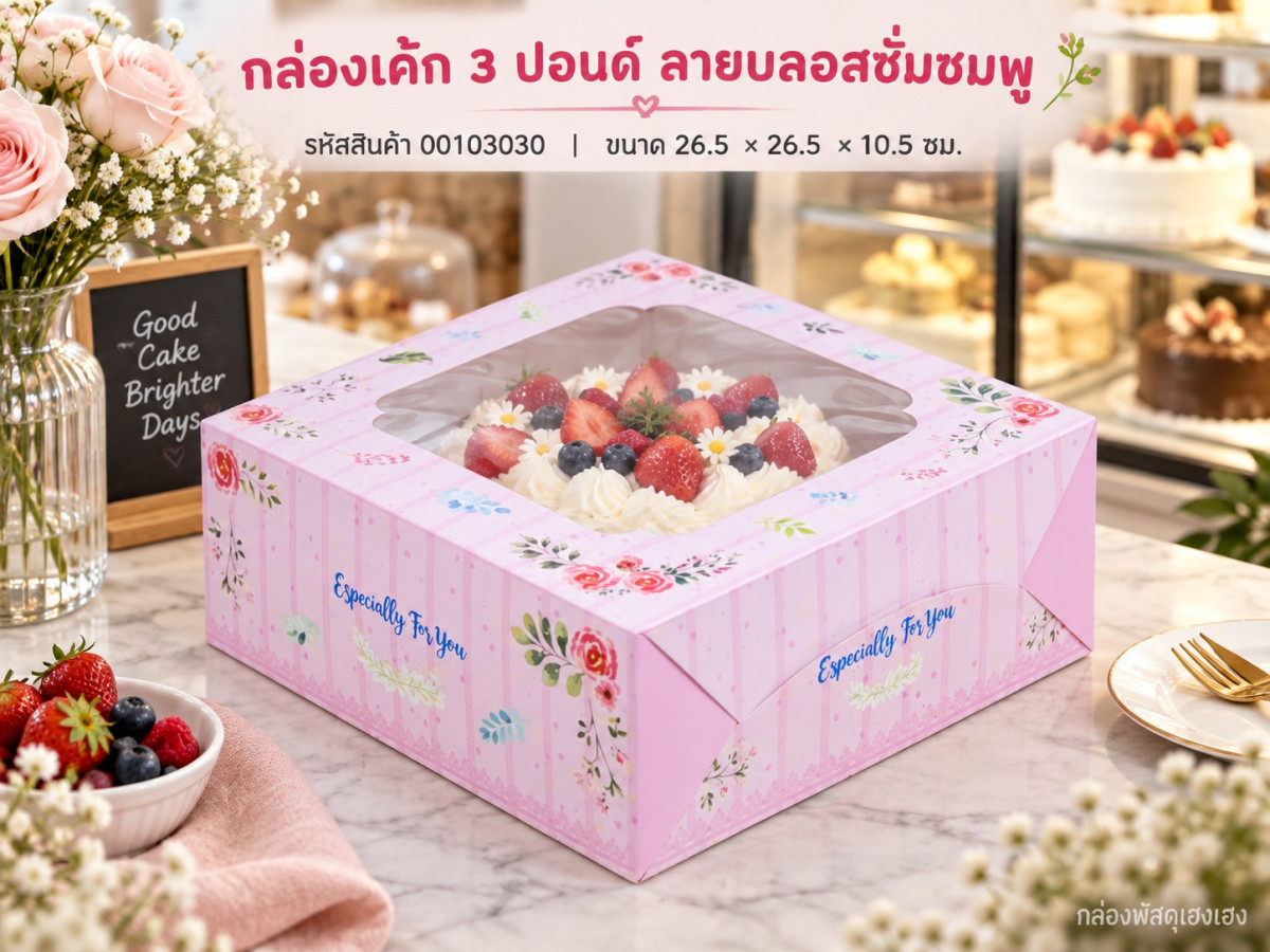 กล่องเค้ก 3 ปอนด์ ลายบลอสซั่มชมพู 26.5x26.5x10.5 ซม.