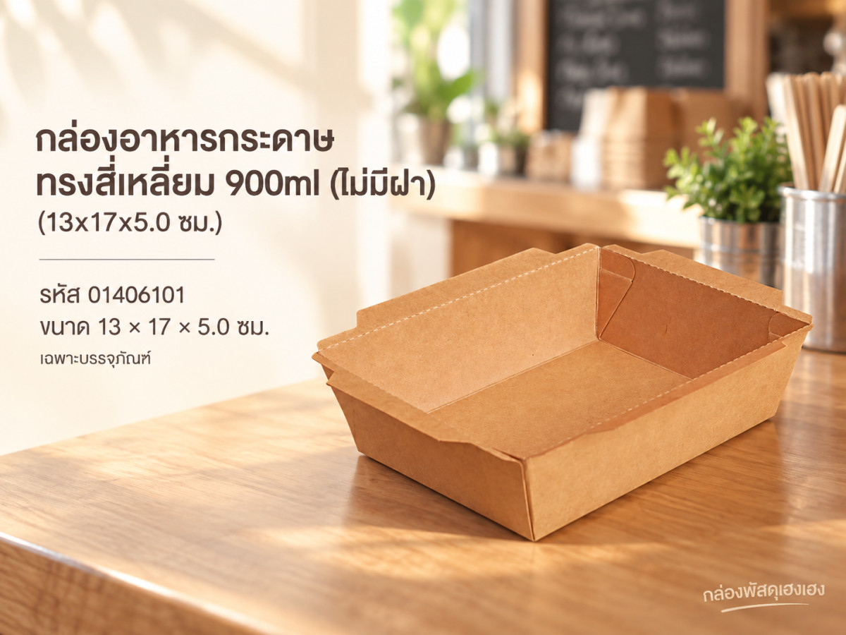 กล่องอาหารกระดาษทรงสี่เหลี่ยม 900ml (ไม่มีฝา) (13x17x5.0 ซม.)