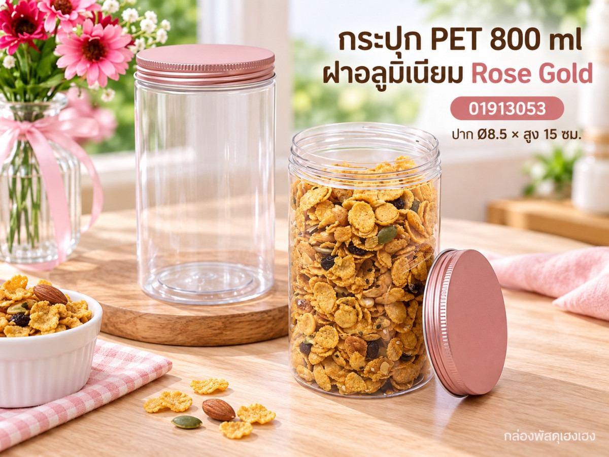 กระปุก PET 800 ml ฝาอลูมิเนียม Rose Gold 8.5x8.5x15 ซม.