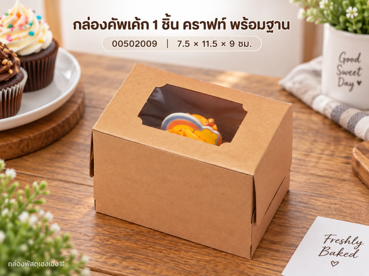 กล่องคัพเค้ก 1 ชิ้น พร้อมฐาน คราฟท์ 7.5x11.5x9 ซม.