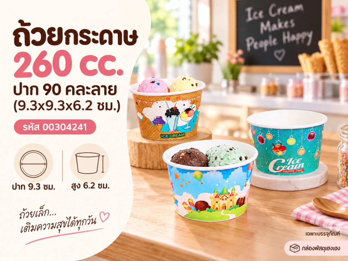 ถ้วยกระดาษ 260 cc. ปาก 90 คละลาย (9.3x9.3x6.2 ซม.)