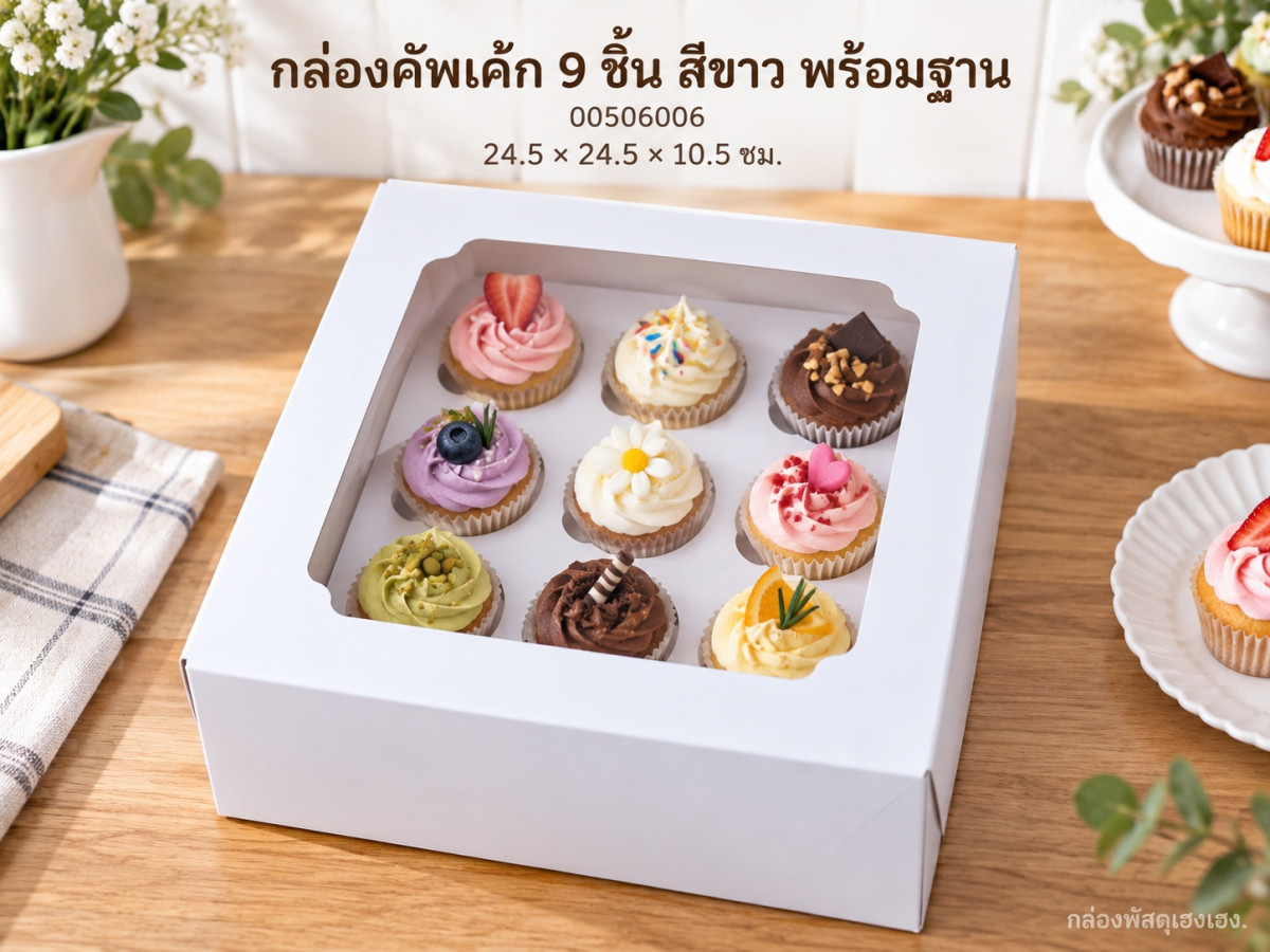 กล่องคัพเค้ก 9 ชิ้น พร้อมฐาน สีขาว 24.5x24.5x10.5 ซม.