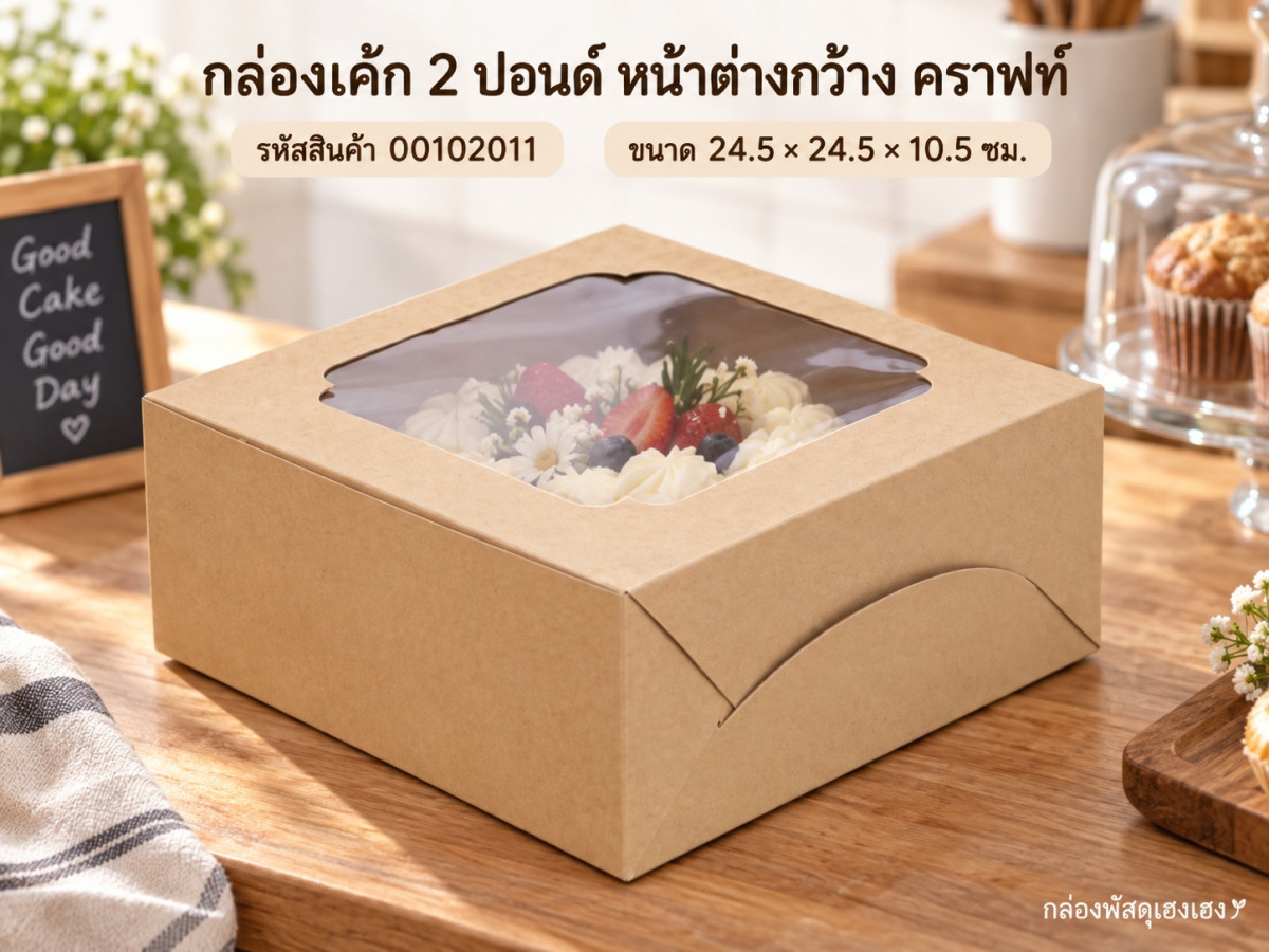 กล่องเค้ก 2 ปอนด์ หน้าต่างกว้าง คราฟท์ 24.5x24.5x10.5 ซม.