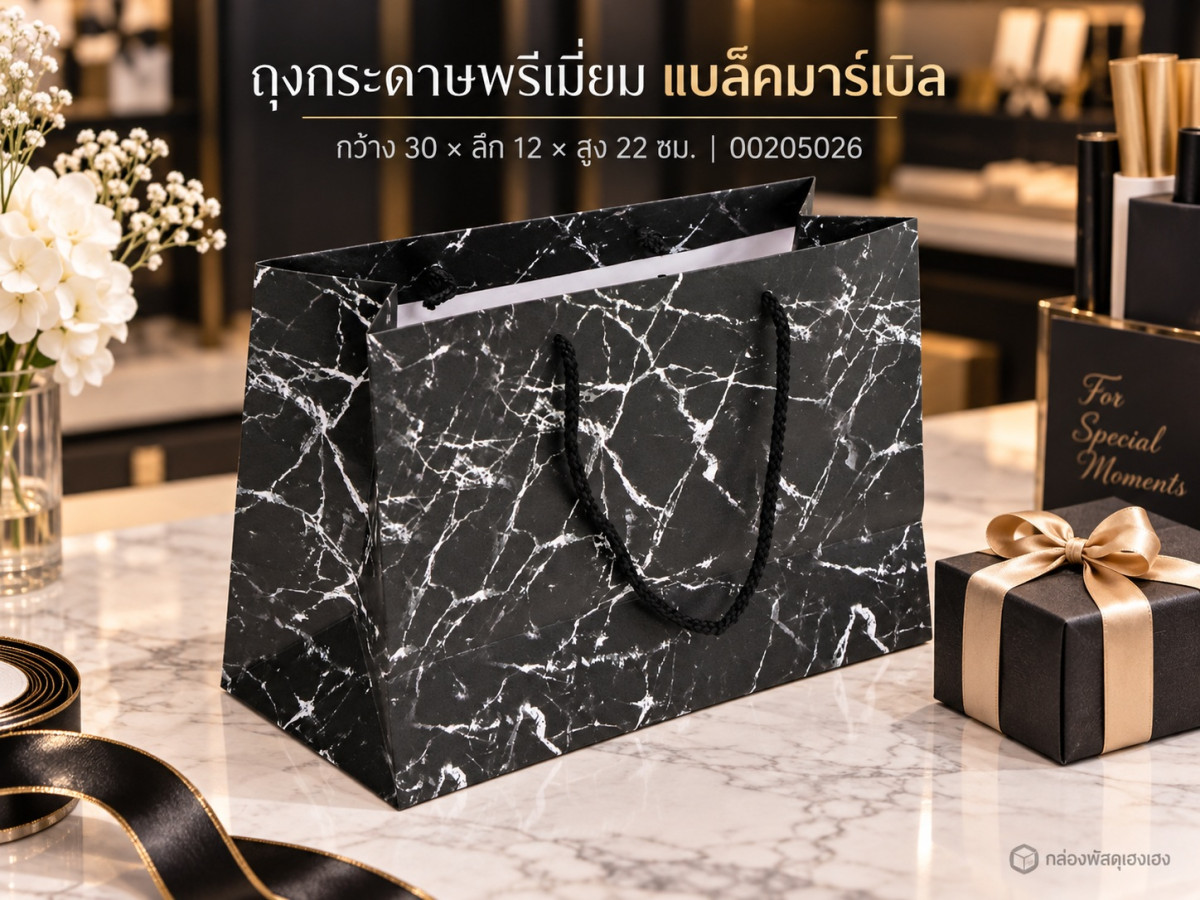 ถุงกระดาษพรีเมี่ยม แบล็คมาร์เบิล 30x12x22 ซม.