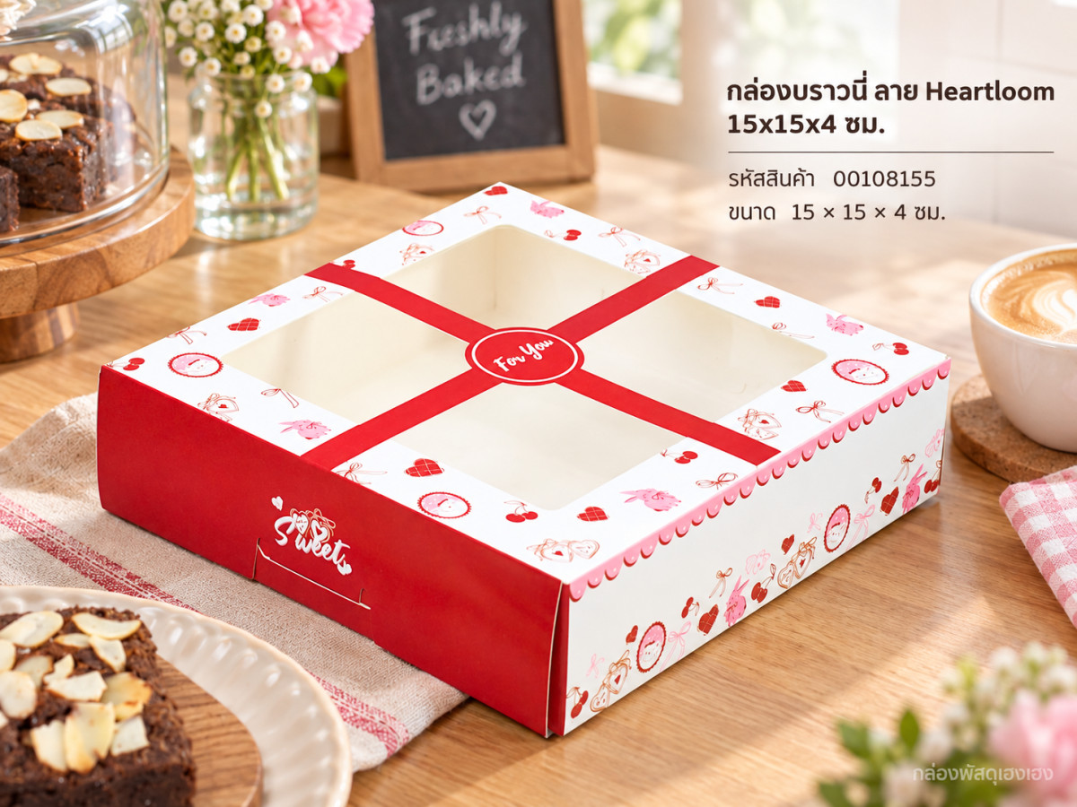 กล่องบราวนี่ ลาย Heartloom 15x15x4 ซม.