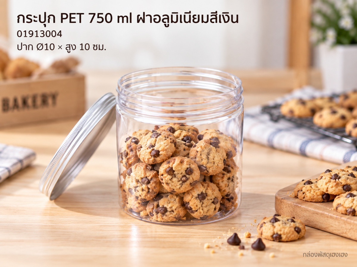 กระปุก PET 750 ml ฝาอลูมิเนียมสีเงิน 10x10x10 ซม.