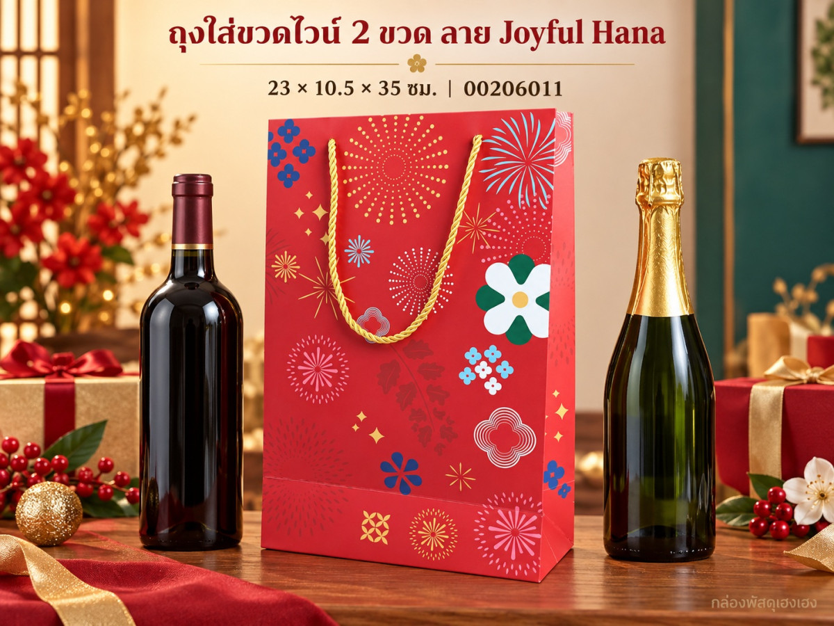 ถุงใส่ขวดไวน์ 2 ขวด ลาย Joyful Hana 23x10.5x35 ซม.