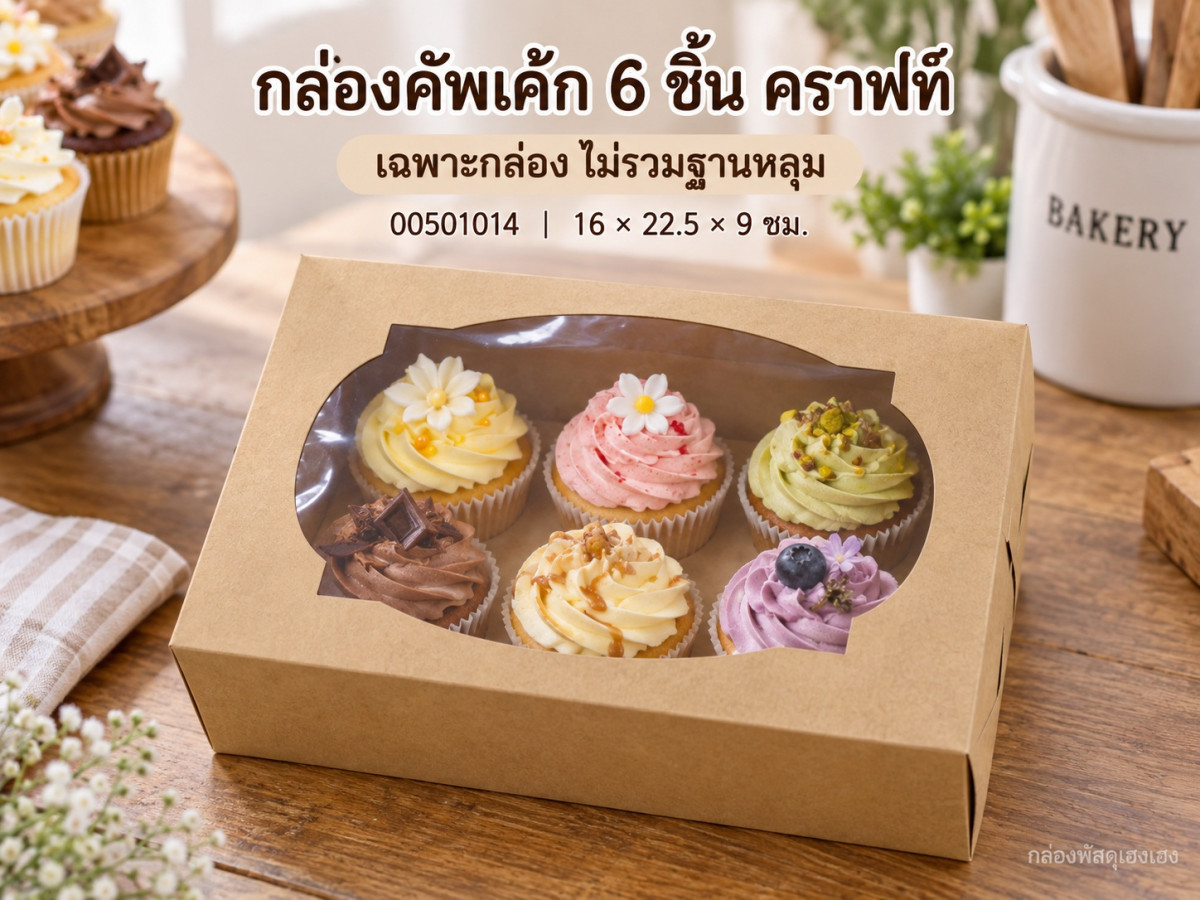 กล่องคัพเค้ก 6 ชิ้น คราฟท์ (เฉพาะกล่อง) 16x22.5x9 ซม.