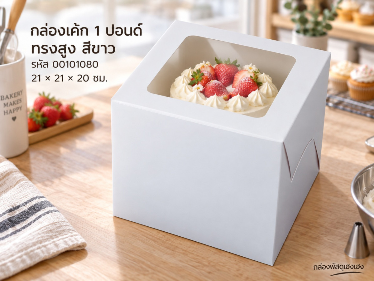 กล่องเค้ก 1 ปอนด์ ทรงสูง 20 ซม. สีขาว 21x21x20 ซม.